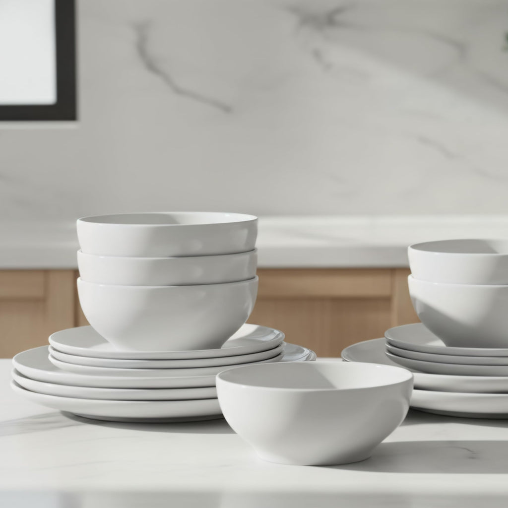 Dinnerware Set for 4, White Porcelain Plates and Bowls, Chip Resistant Dishwasher Safe for Family Dining