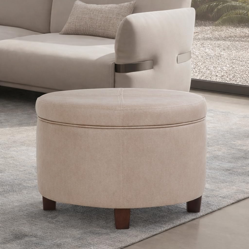 Home Decor | Upholstered Faux Leather Round Storage Ottoman | Ottoman with Storage , Taupe Brown