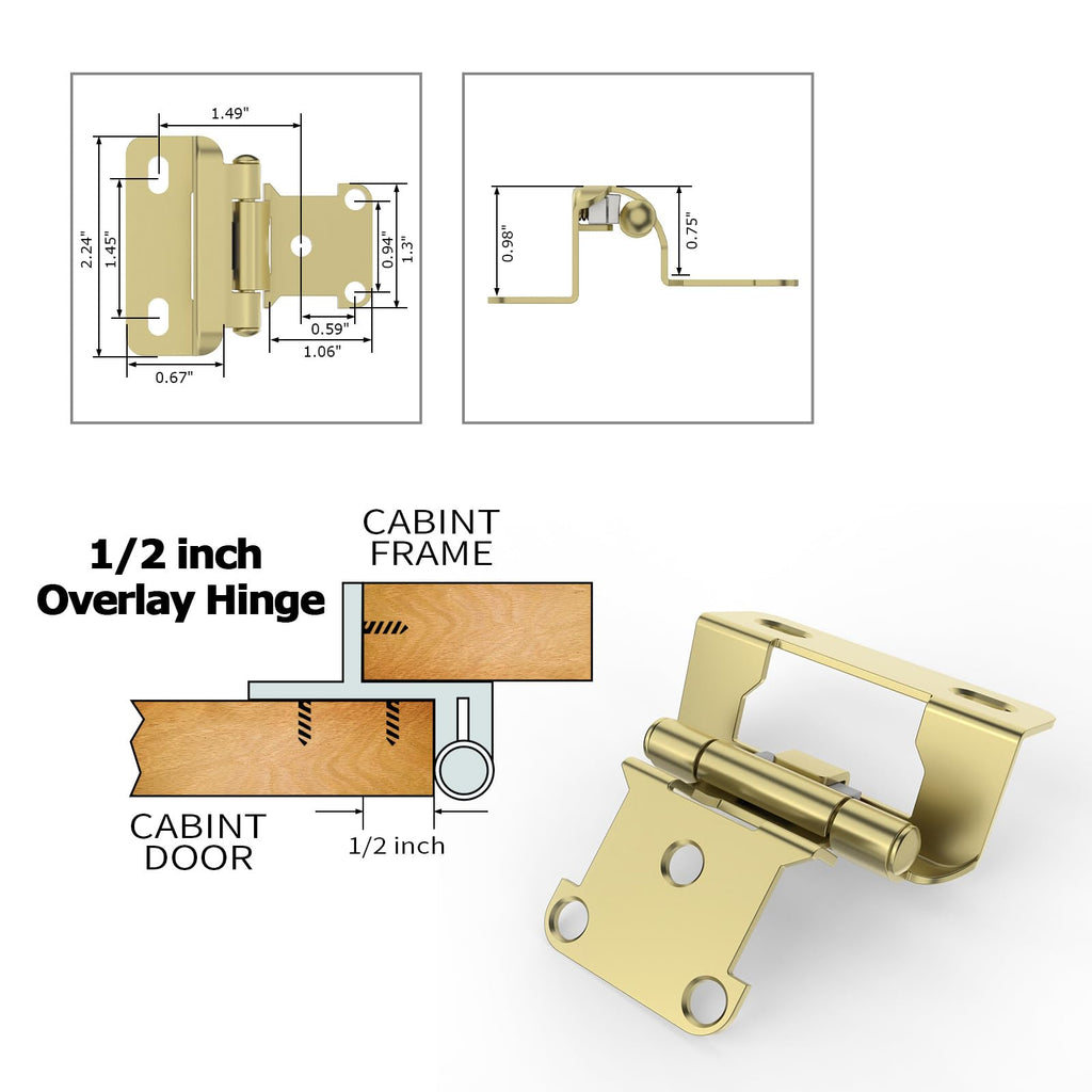 20 Pack | 1/2 inch Overlay Semi Partial Wrap Around Cabinet Hinges, Self Closing Face Frame Variable Decorative