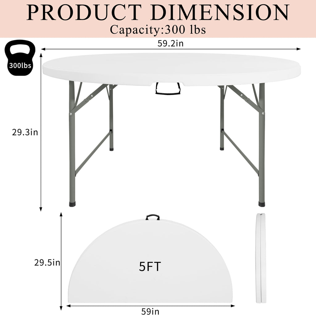 5 FT Round Folding Table | White | Portable Plastic Table
