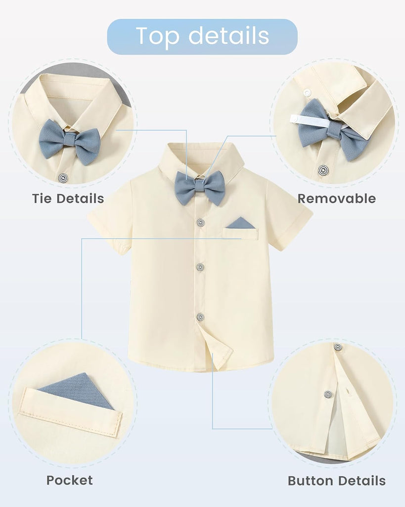 Boys Semi Formal Outfit 3pcs Sets Short Dress Shirt Suspender Pants Bow Tie for 1-5 Years