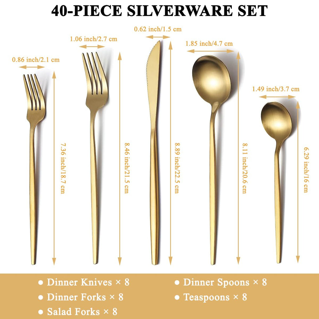 Matte Gold Silverware Set 40 Pieces, Stainless Steel Golden Flatware Set, Titanium Plating Cutlery Set, Matte Gold