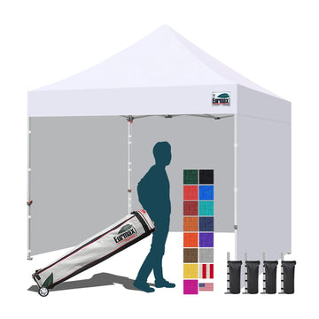 USA 10x10 Pop Up Canopy Tent, Commercial Tent with Patented No-Tip Rolling Bag, 4 Zippered Removable Walls, UV & Water