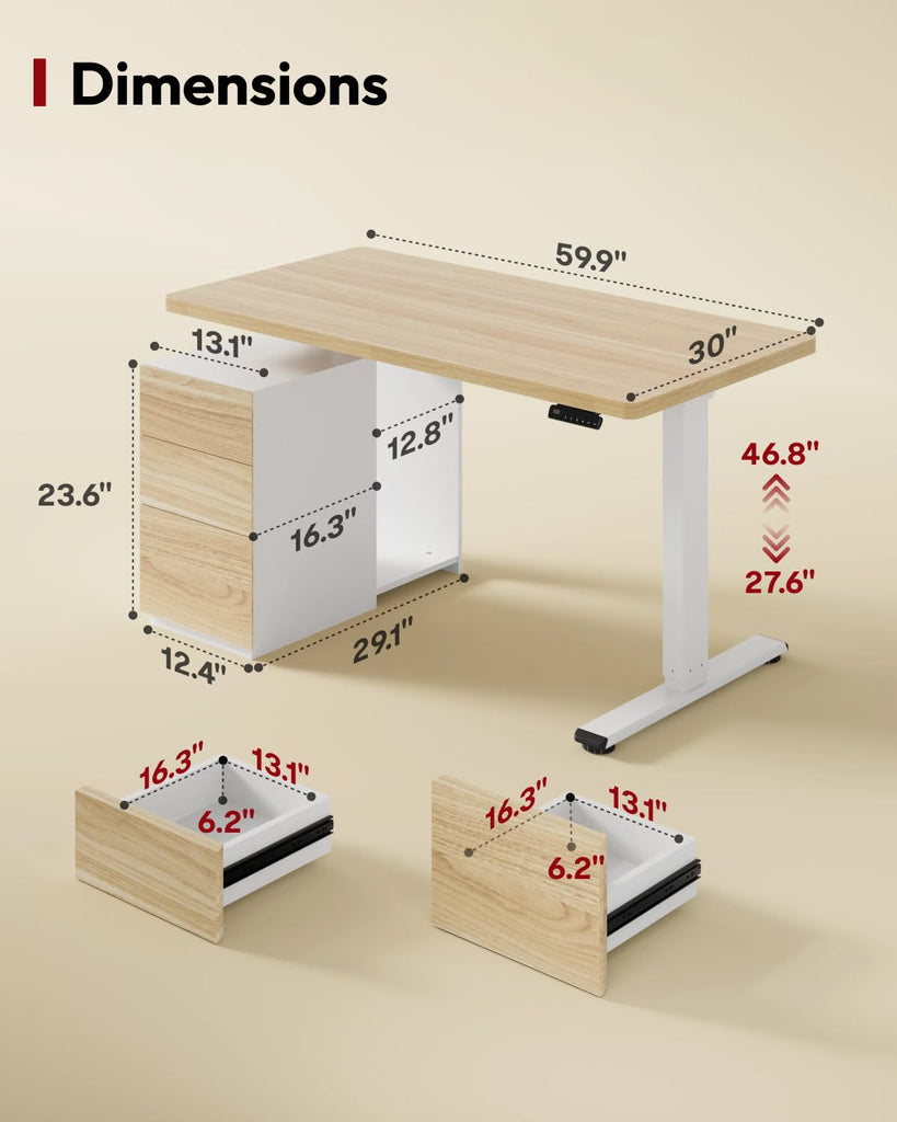 Executive Standing Desk w/Drawers & Dual Motor, White Oak & 60"