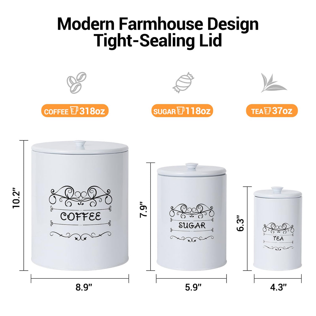 Country White Canisters Set of 3, Rustic Farmhouse Metal Containers with Airtight Lids, Kitchen Storage Canisters for