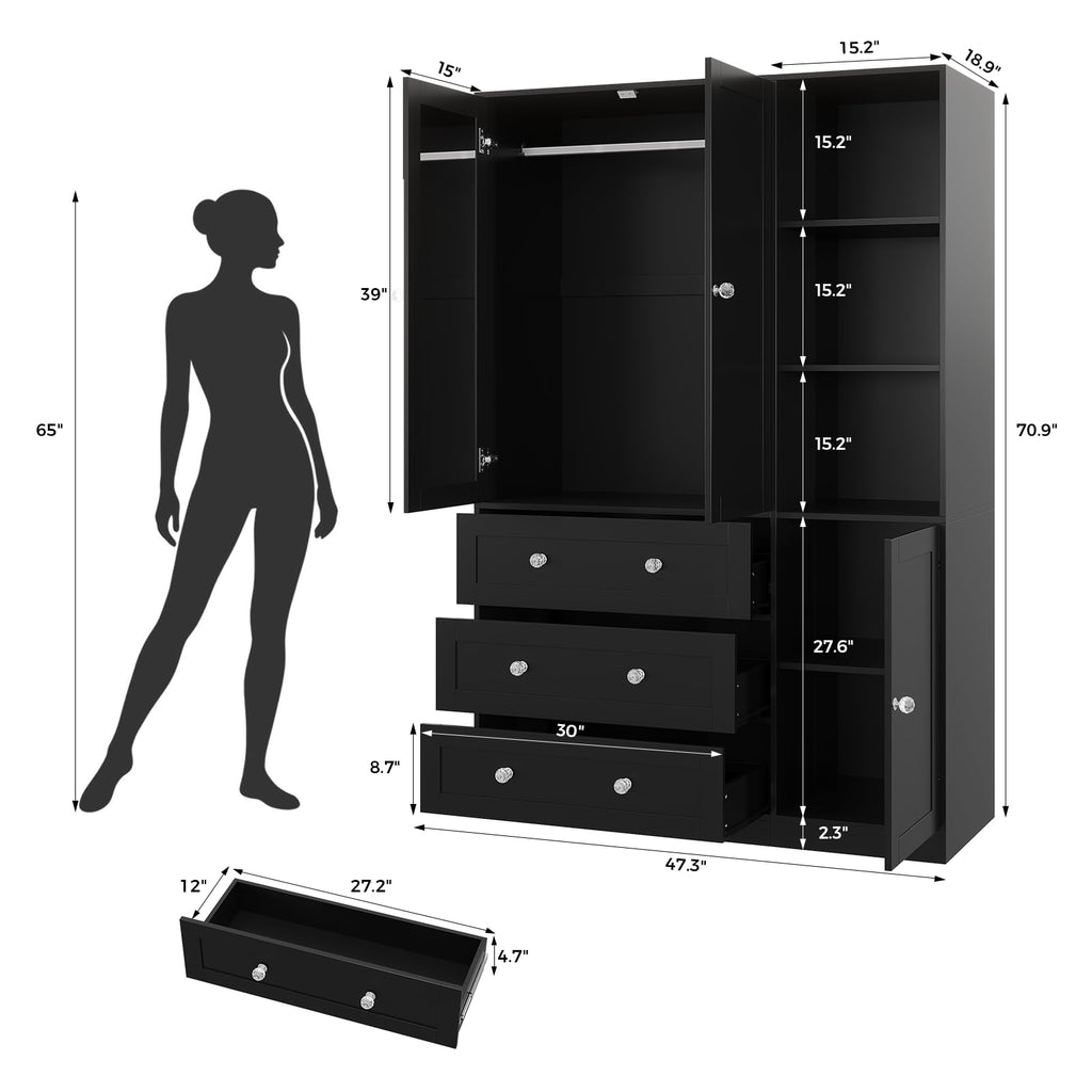 71"H Armoire Wardrobe Closet with Mirror and Open Shelves (1, Black)