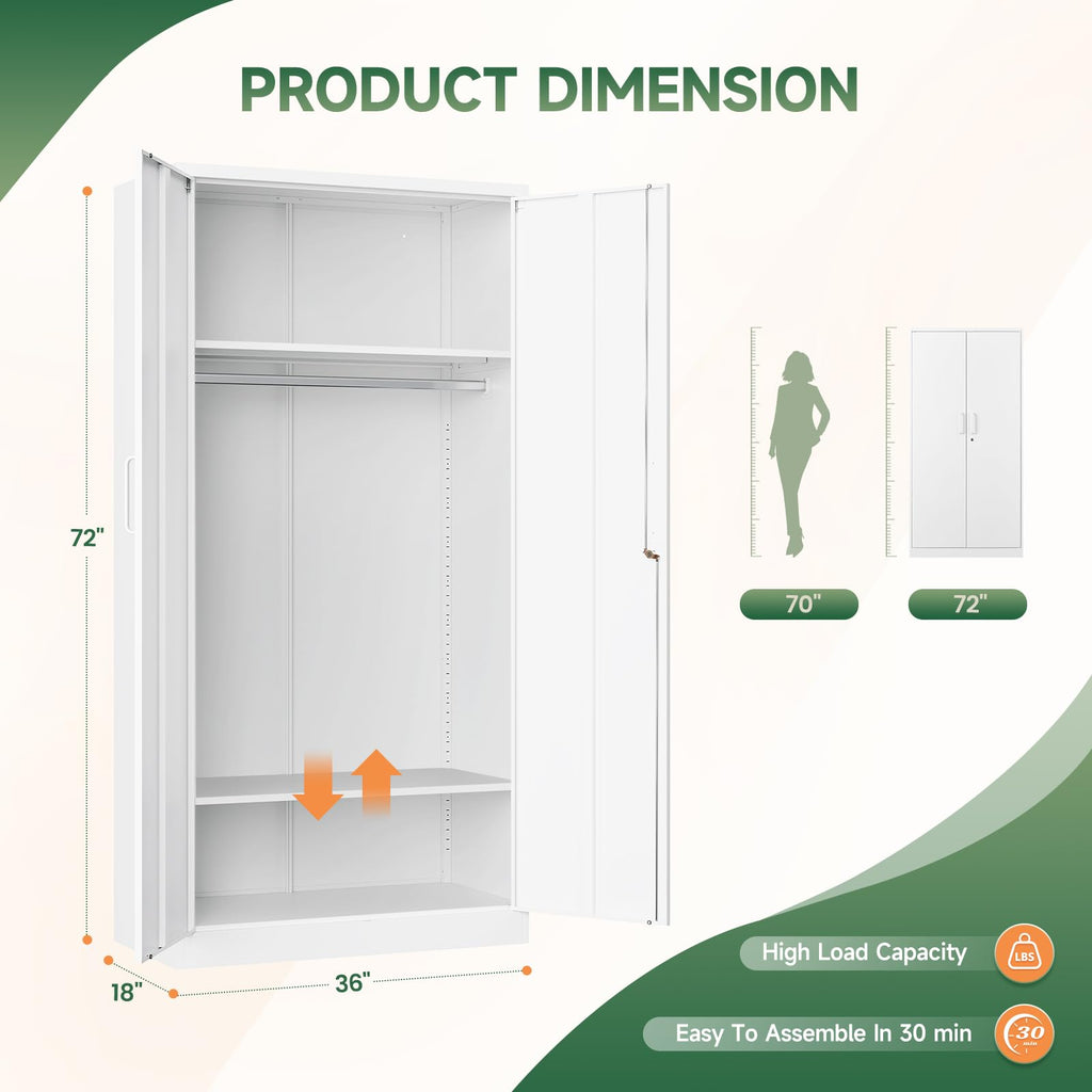 Metal Wardrobe Cabinets with Lock, Clothing Locker 72" X 36" X 18" Storage Cabinets Room, Fire Department, School