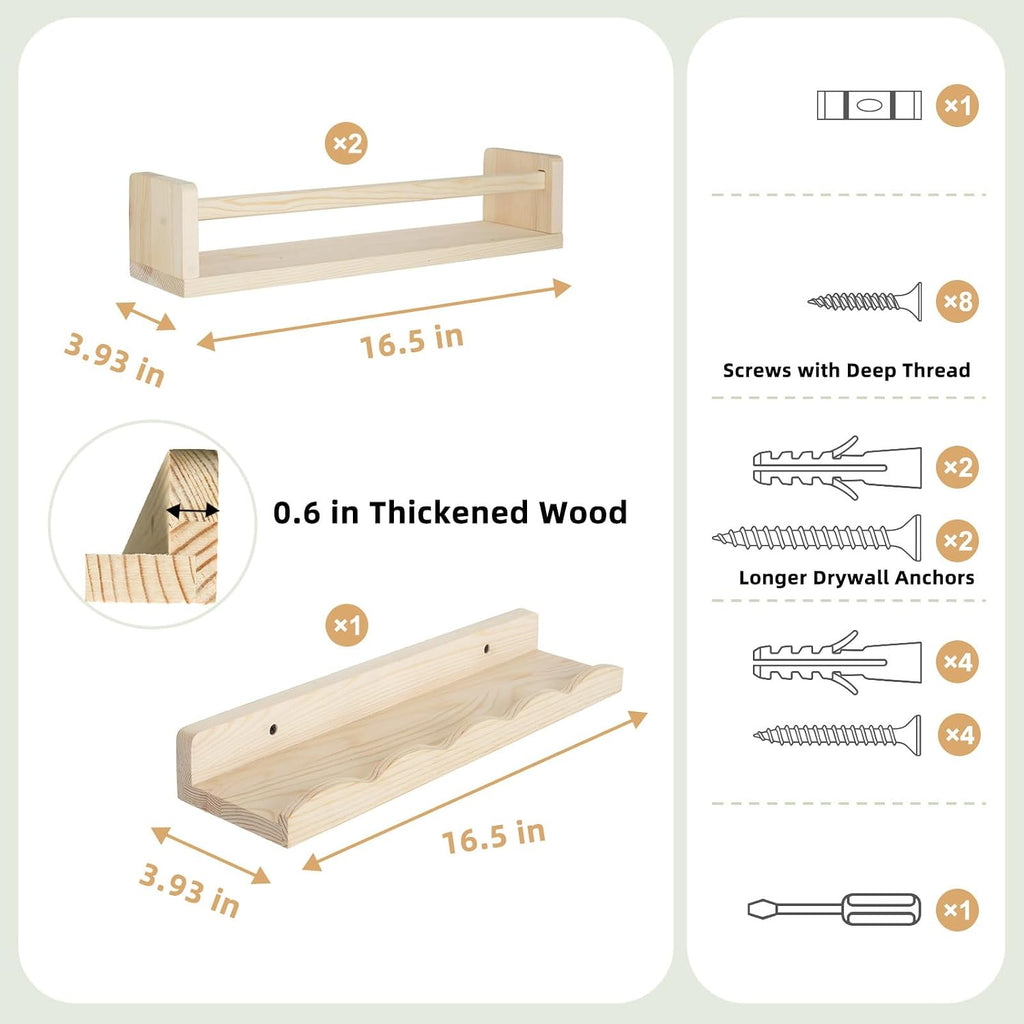Floating Book Shelves for Wall, 16.5" Natural Wood Nursery Shelves for Book Storage, Solid Pine Wooden Floating Wall