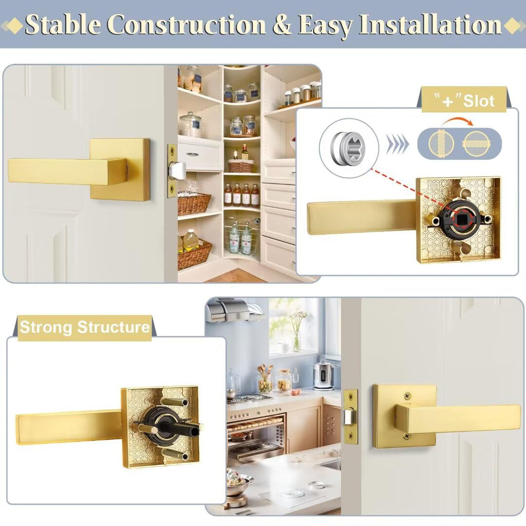Gold Closet Dook Handle Non-Locking, Brass Passage Lever Door Handle, Heavy Duty Square Door Handles, Reversible Door
