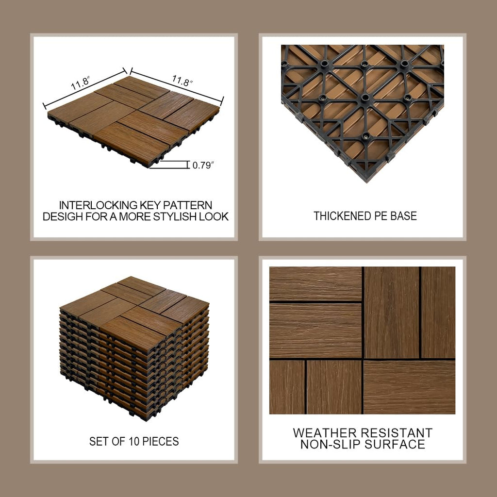 JJWOOD Interlocking Deck Tiles, 10 Pcs 12" x 12" WPC Patio Flooring, Co-Extruded Wood-Look Outdoor Floor Tiles for