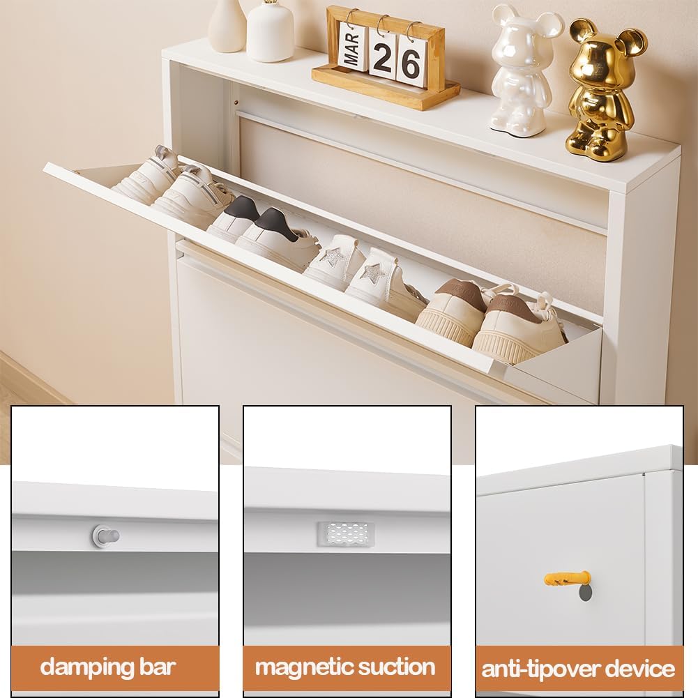 Shoe Storage Cabinet with 3 Flip Drawers, Hidden Slim Narrow Shoe Rack Cabinet, Wall Mount Metal Shoe Cabinet , White