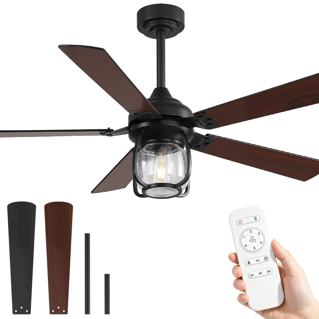 52 Inch Ceiling Fan with Light and Remote, Farmhouse Ceiling Fan, Rustic Ceiling Fan with Reversible DC Motor, 6