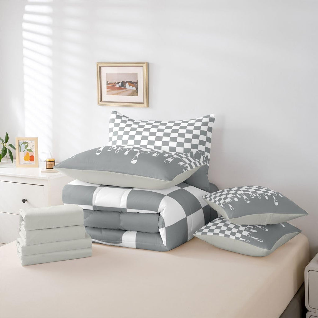 Neutral Grey Checkered Bed Sheets and Comforter Set | Gingham Checkerboard Drip 7 Piece Bedding Set Retro