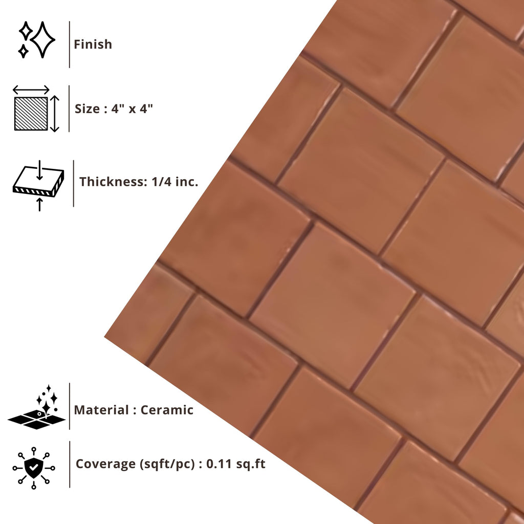 4x4 Inch HTCFD Premium Quality Terracotta Matte Zellige Ceramic Tile with Subtle Shimmer | Handmade Look Moroccan