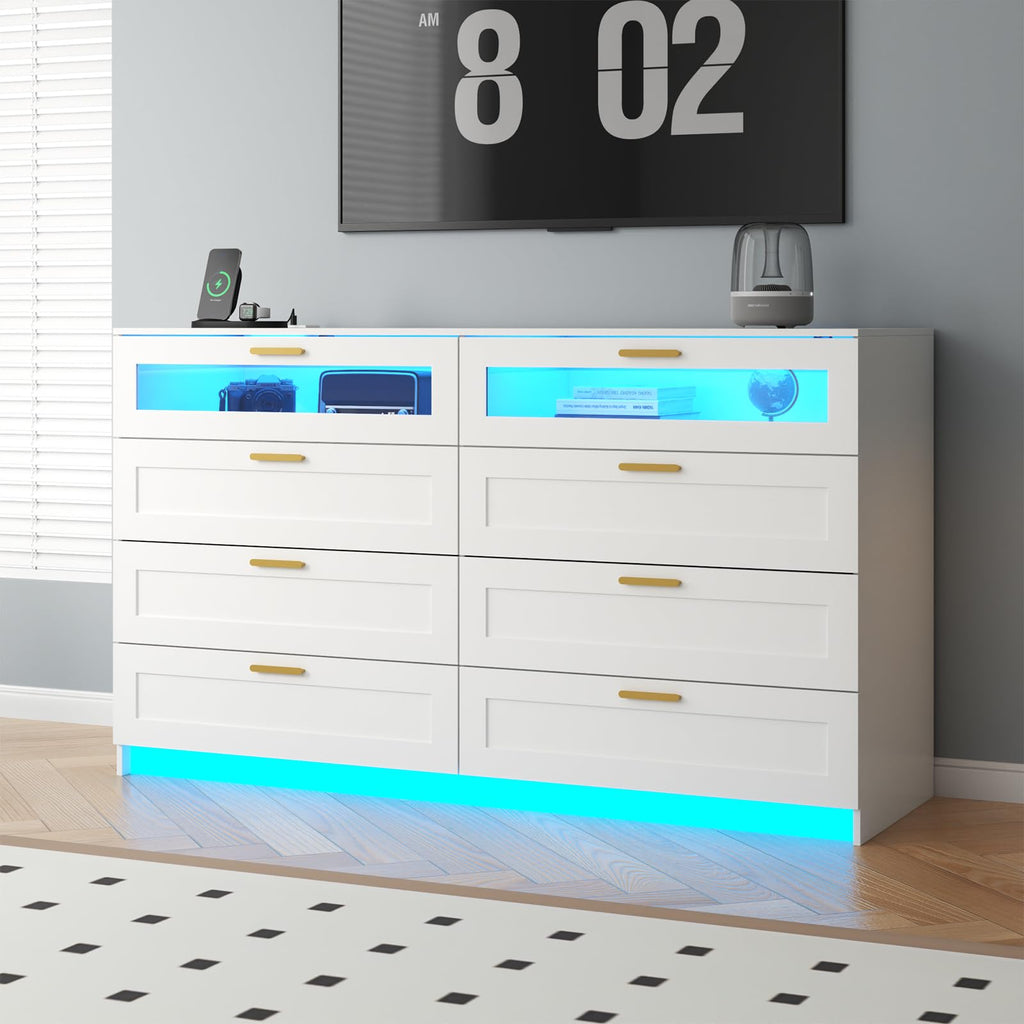 8 Drawers Dresser with Charging Station, Dresser with LED Light