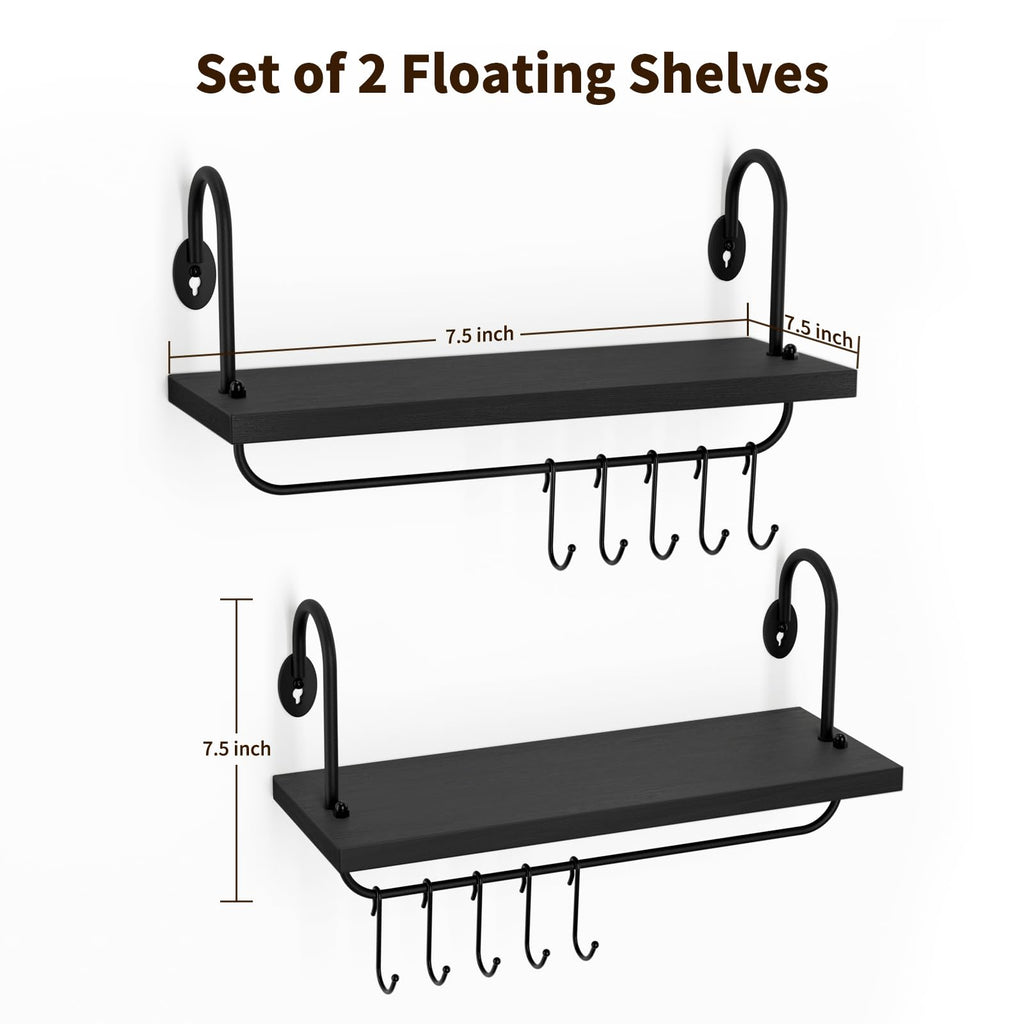 Floating Wall Shelves Bathroom Coffee Nook with 10 Adjustable Hooks for Mugs Cooking Utensils or Towel Rustic Storage