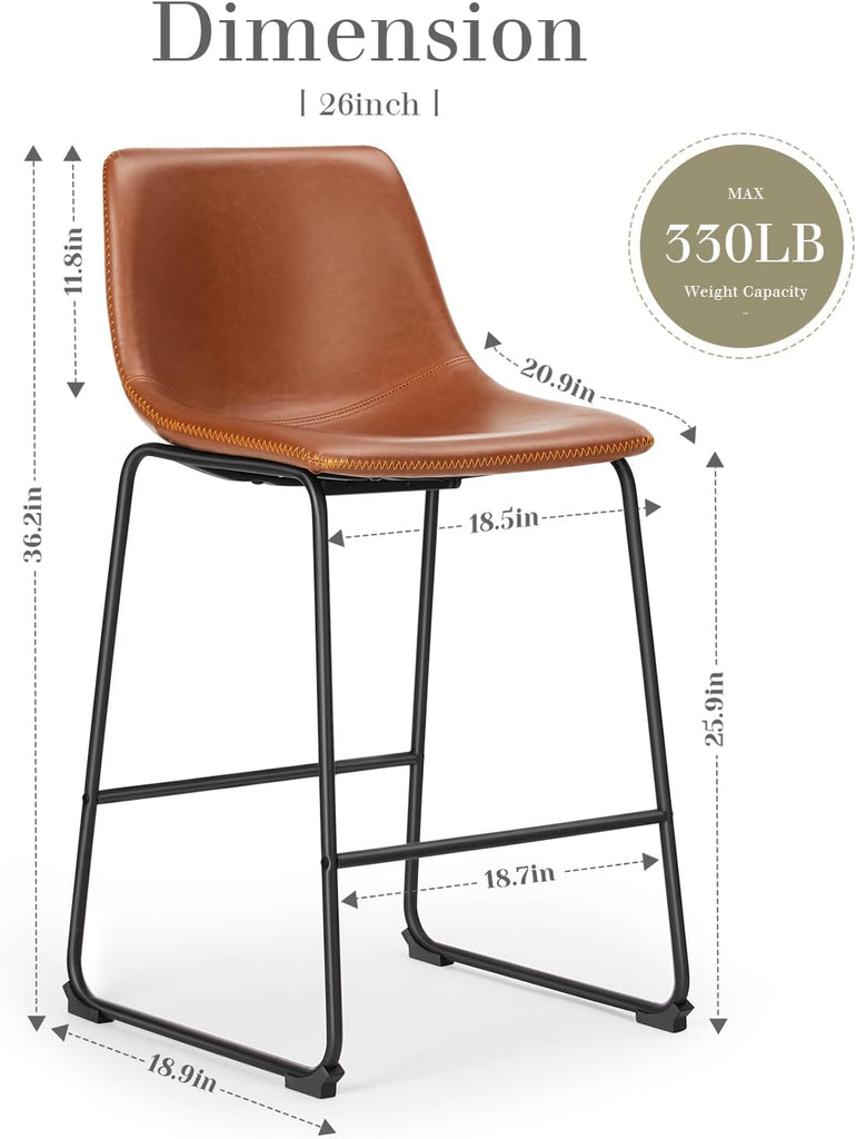 26 Inch Counter Height Bar Stools Set of 4, Modern Faux Leather High Barstools with Back and Metal Leg, Bar Chairs
