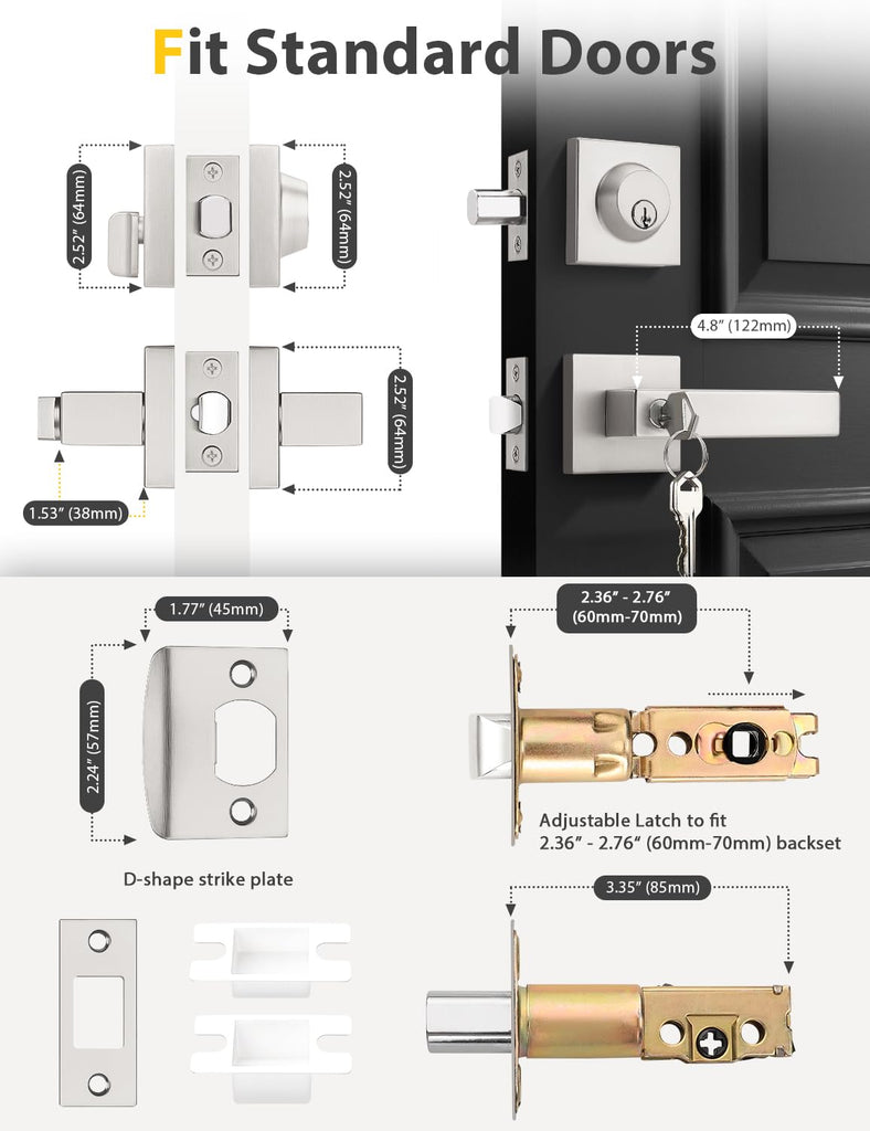 4 Pack Brushed Nickel Keyed Alike Front/Exterior Door Levers with Single Cylinder Deadbolt, Square Entry Door Knob