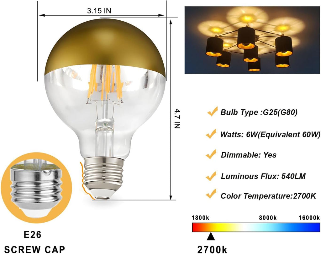 Half Chrome Light Bulb,G25 Dimmable Matt Gold Tipped,6W E26,Warm