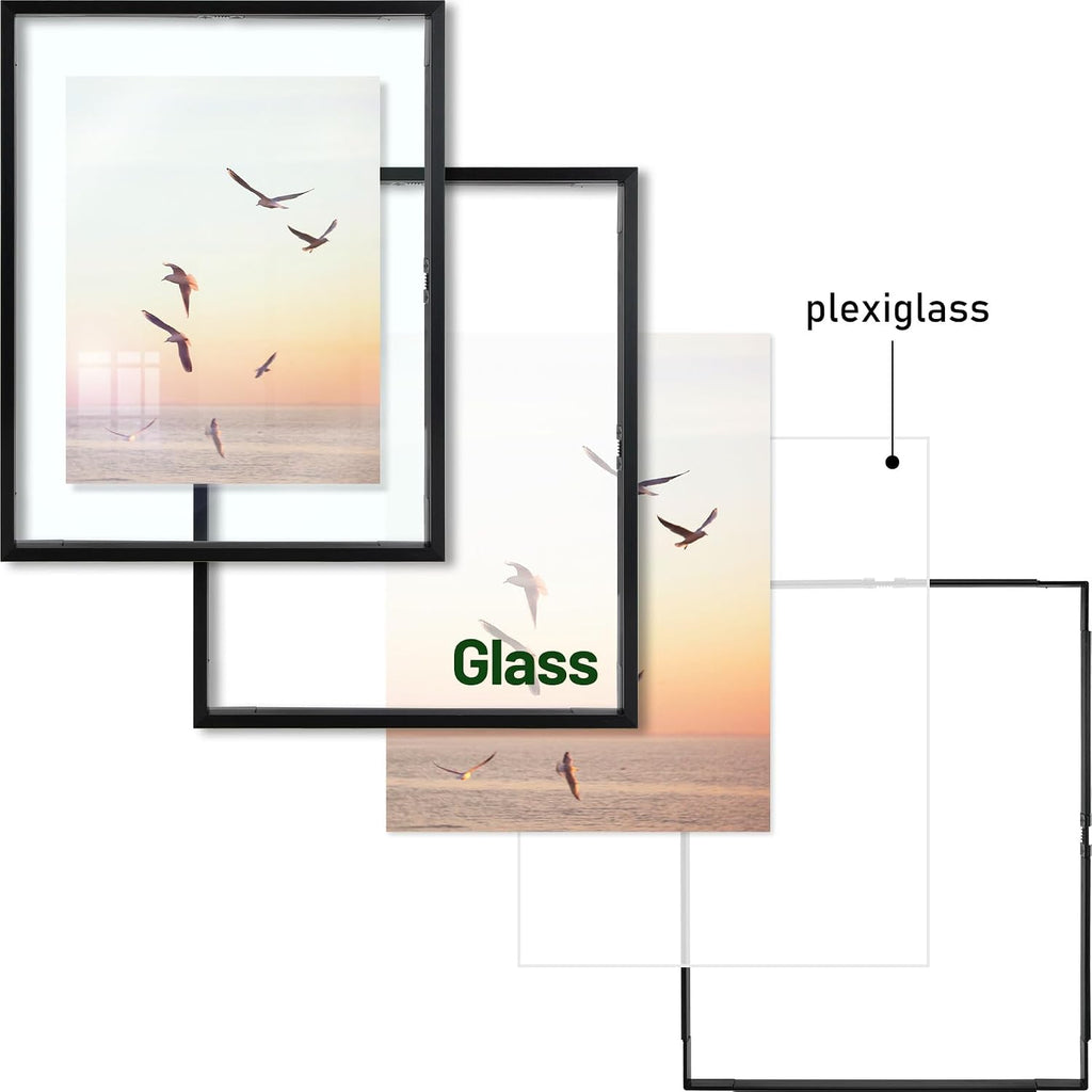2 Pack 11x14 Black Metal Floating Picture Frame Real Glass | Tempered Glass Front, Plexiglass Back, Wall Mount