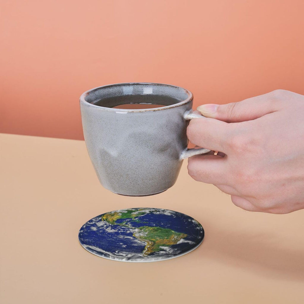 Planet Earth North And South America Map Coasters For Drinks Round Leather Coaster With Holder Set Of 6 For Tabletop