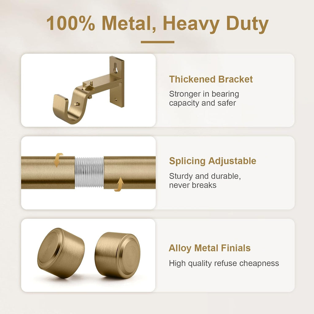 Warm Gold Brass Curtain Rod 36-144 Inches Adjustable, 1" Diameter Heavy Duty Window Rod with Solid Aluminum Finials &