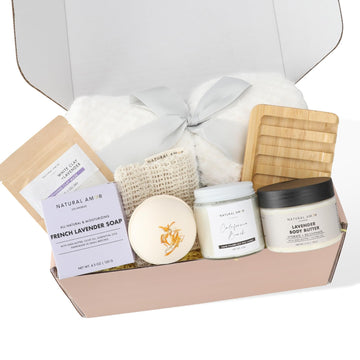 Amor 8-Piece Spa Gift Set with Blanket - Self-Care Box with Lavender Body Butter, Soap, Candle - Blanket with Grey