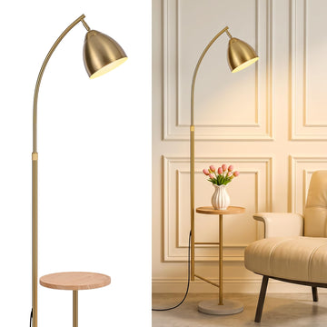 Brushed Gold Standing Lamp with Table, Adjustable Head, Bulb Included