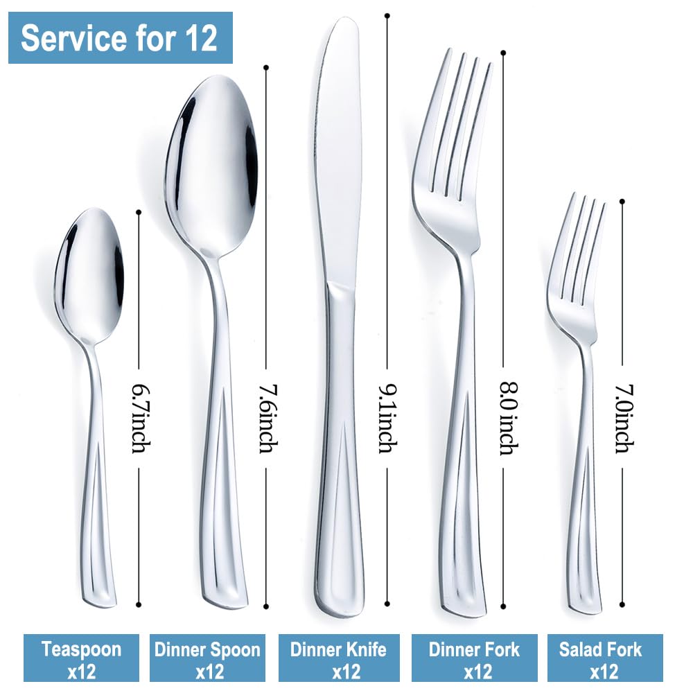 60-Piece Silverware Set for 12, Stainless Steel Flatware Cutlery Set for 12, include Fork, Knife and Spoon Set
