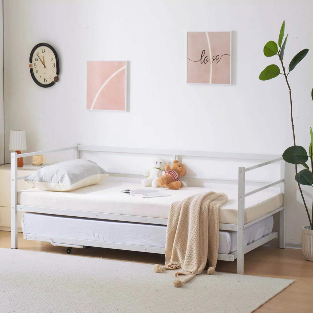 Daybed with Pop Up Trundle, Heavy Duty Metal Twin Bed with Trundle, No Box Spring Needed, White