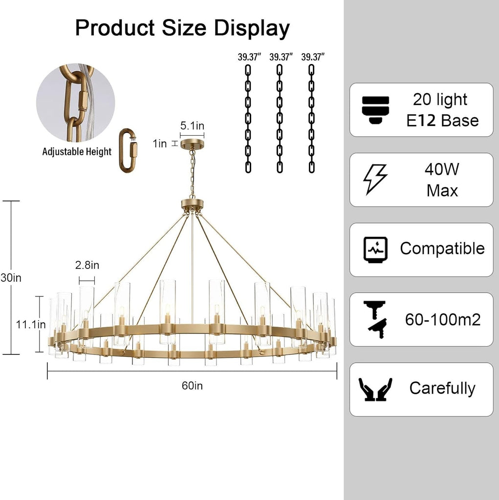 Inspired Ravelle Style 60 Inch Gold Wagon Wheel Chandelier with Glass Shade, 20 Lights, Modern Farmhouse Style, Ideal for Dining Room, Kitchen, Entryways