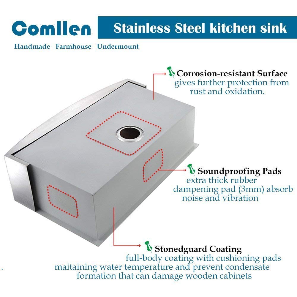 33 Inch Farmhouse Sink, Stainless Steel Single Bowl Farm Sinks 16 Gauge 9 Inch Deep, Handmade Undermount 33 Farm