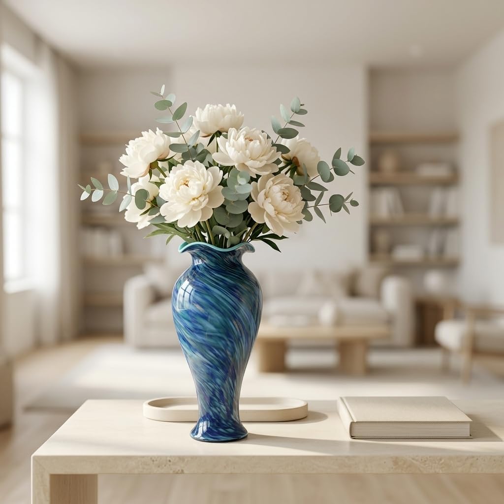 Hand Blown Glass Vase, Large Blue Glass Vase, Modern Glass Art Decor for the Living Room Coffee Table, Dining Table
