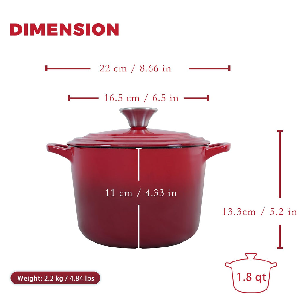 Dutch Oven Pot with Lid 1.8 Qt Cast Iron Dutch Oven for Bread Baking, Red Enameled Cast Iron Rice Pot, Small Deep