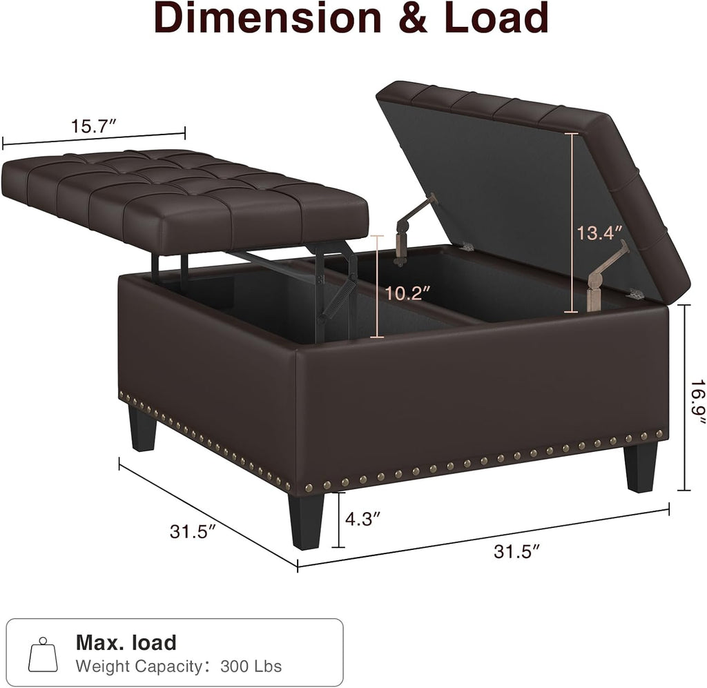31.5 Inch Large Square Ottoman with Storage,Faux Leather | Coffee Table Storage Ottoman Bench with Lift Top