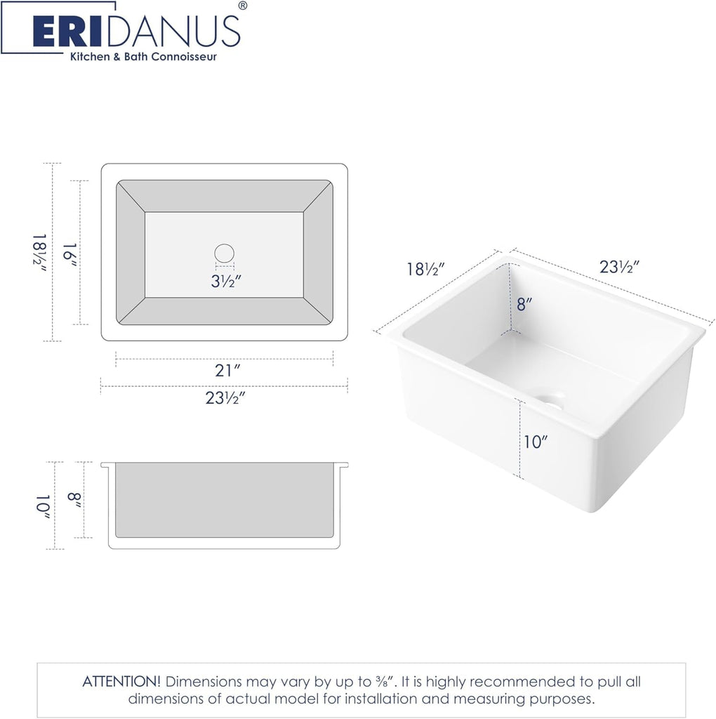 Undermount Kitchen Sink 23.5x18.5 Rectangular Ceramic Single Bowl