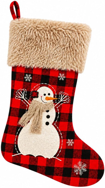 20" Black and Red Plaid Reindeer Christmas Stocking, Rustic Antique Vintage Figurine Style Home Decor, Faux Fur Scarf