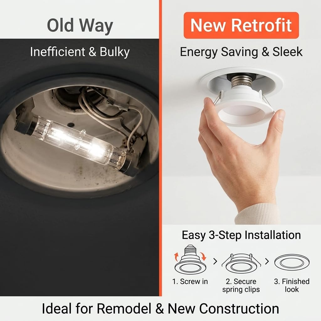 12 Pack 4 Inch Retrofit LED Recessed Lighting with E26 Adaptor, Can Lights with Baffle Trim, Dimmable, Damp Rated, 8W