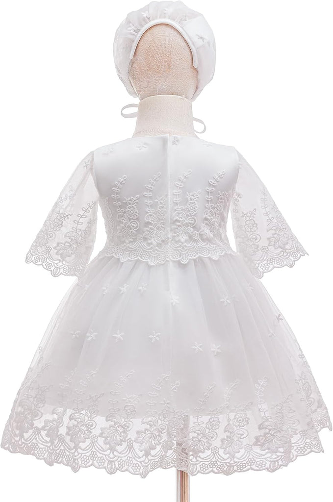 Baby Girls Baptism Christening Dress Infant Toddler Floral Lace Gown With Bonnet