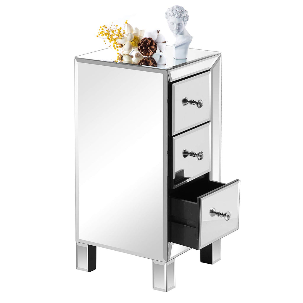 3-Drawer Mirrored Nightstand End Table Bedside Table, Silver, 11.7" L x 11.8" W x 23.8" H