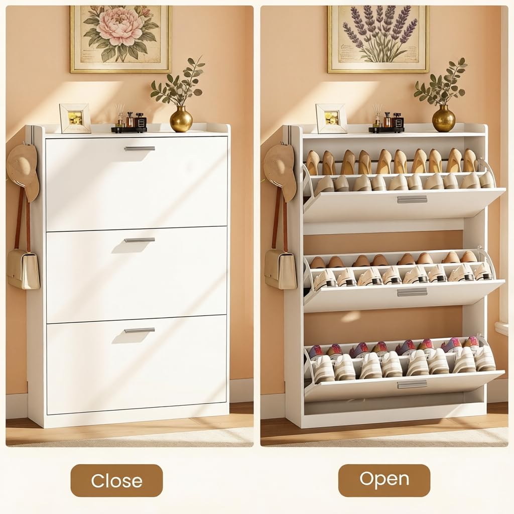 Shoe Cabinet Organizer with 3 Flip Drawers, Narrow Shoe Rack 31.5" W White