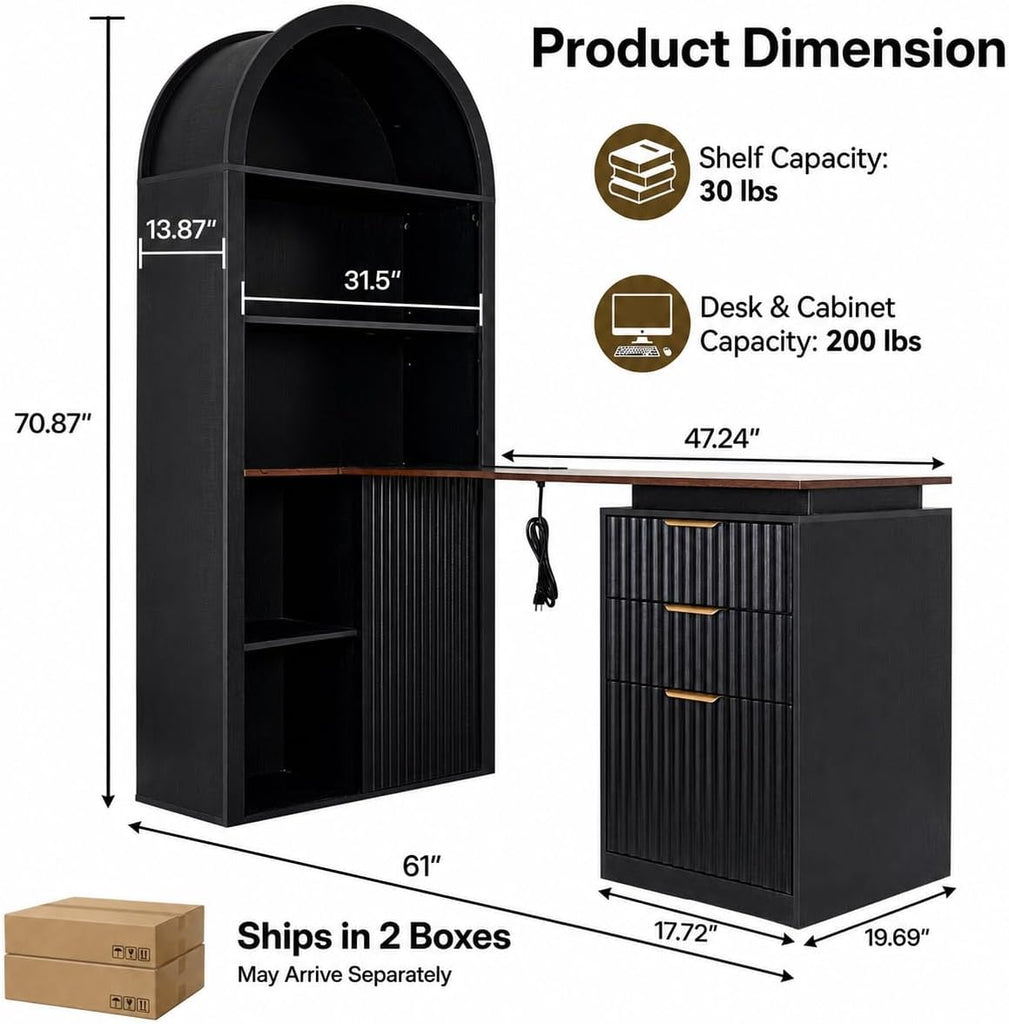 61 Inch L-Shaped Desk with Arched Hutch, Power Outlets, 3 Drawers, File Cabinet & Sliding Door Storage - Black