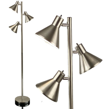 Tree Floor Lamp, Brushed Nickel - Modern Pole Lamp with 3 Adjustable Reading Lights - 64 inch Stand Lamp Room
