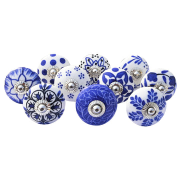 Vintage Blue Hand Painted Ceramic Pull Knobs Cabinet, Door & Drawer, Wardrobe, Cupboard (Set of 10) Sknob002