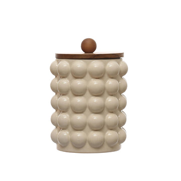 5.75 Inches Round Stoneware Canister with Raised Dots and Acacia Wood Lid, White and Natural