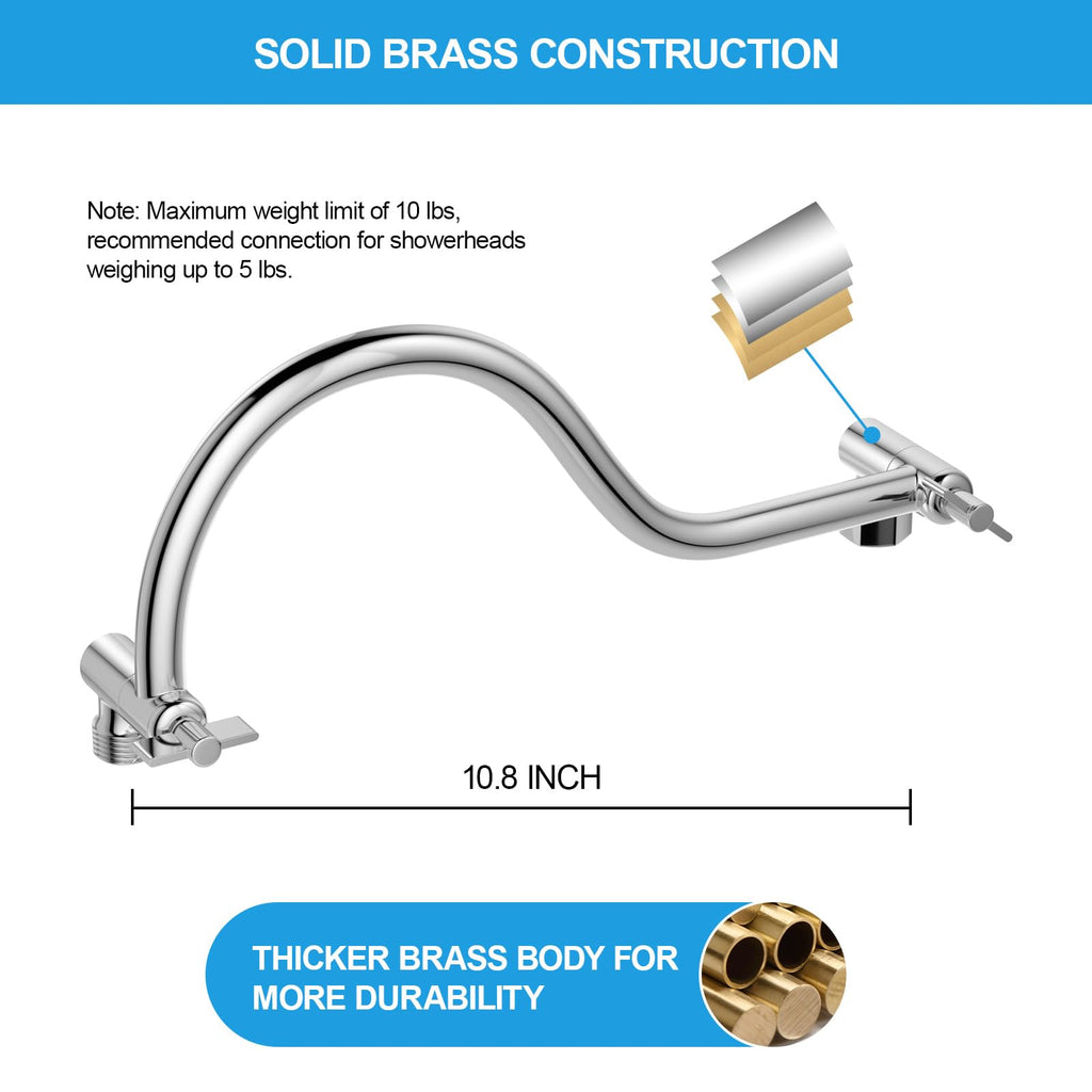 16 Inch Shower Head Extension Arm, Solid Stainless Steel & Brass