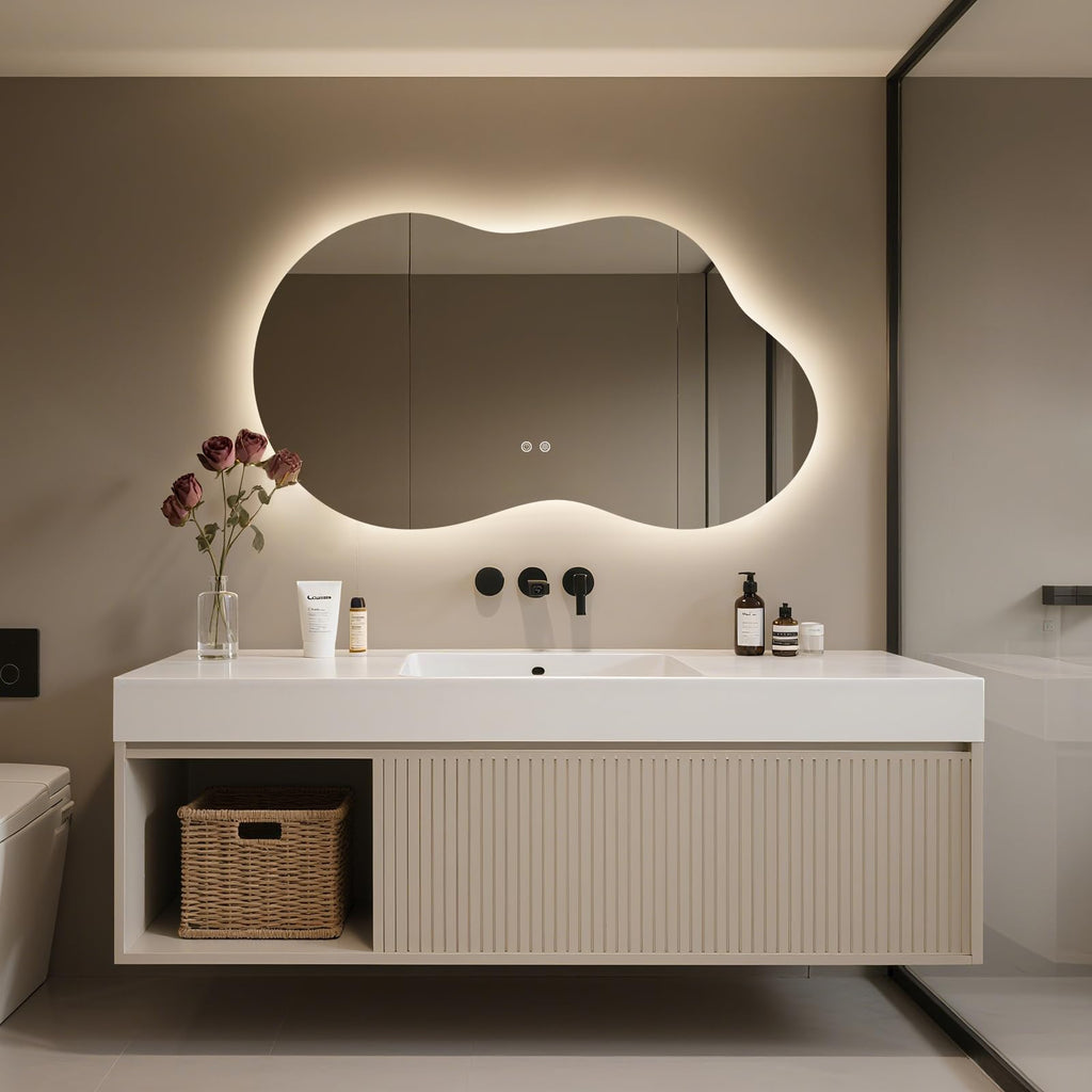 46"x26" Asymmetrical Bathroom Mirror with Lights, Irregular LED Backlit Vanity Mirror for Modern Master Bathroom