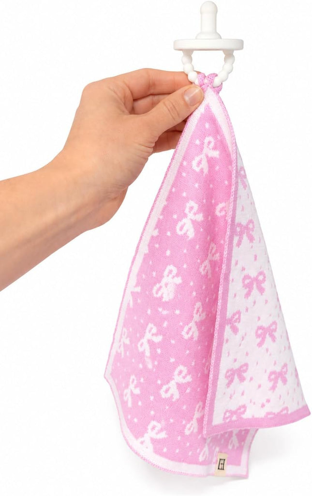 L+L USA 100% Organic Cotton Baby Lovey - Soft Breathable Knit Security Blanket with Paci Holder Loop - Girly Bow
