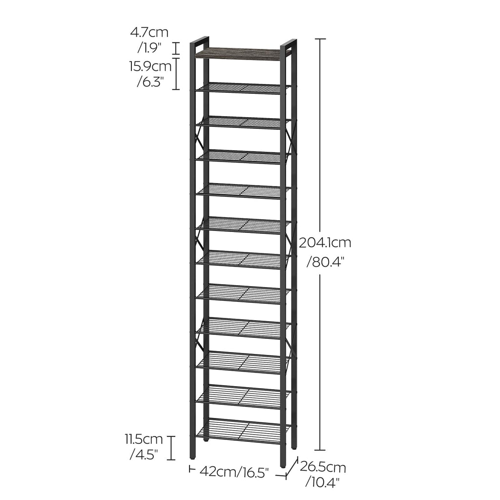 12-Tier Narrow Shoe Rack, Tall Shoe Rack for 12-24 Pairs, Slim Shoe Storage Organizer with Wooden Top, Space Saving