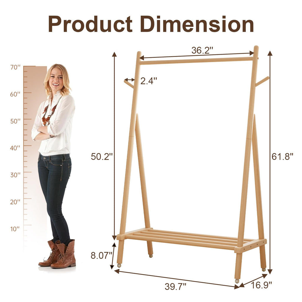 Solid Wood Clothing Rack On Wheels for Hanging Clothes, Natural